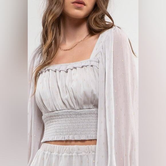 NEW BY THE RIVER Grey Gold Metallic Polka Dot Long Sleeve $88 Crop Top Blouse S - Picture 8 of 16